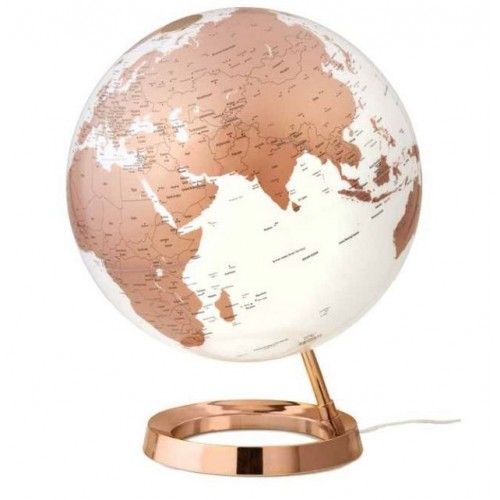 Globo terráqueo iluminado en diseño blanco cobre sobre base de color cobre