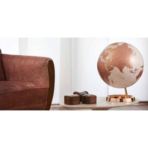 Globe terrestre lumineux design blanc cuivre sur socle couleur cuivre